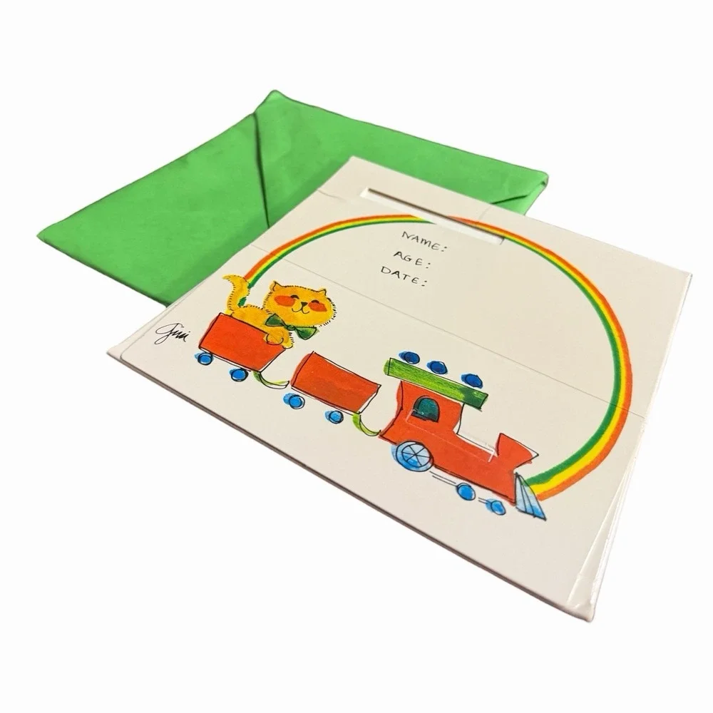 Vintage Picture Frame‎ Card with Train and Cat Design